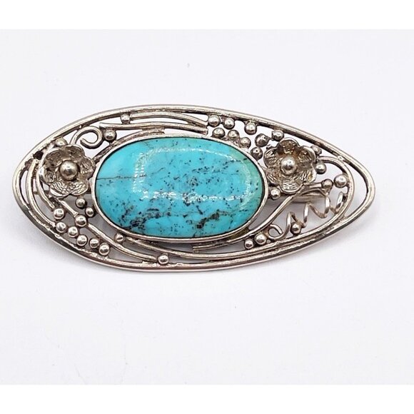 Vintage 925 Sterling Silver Turquoise Brooch Filigree Floral Artisan Signed Alok - Picture 1 of 10